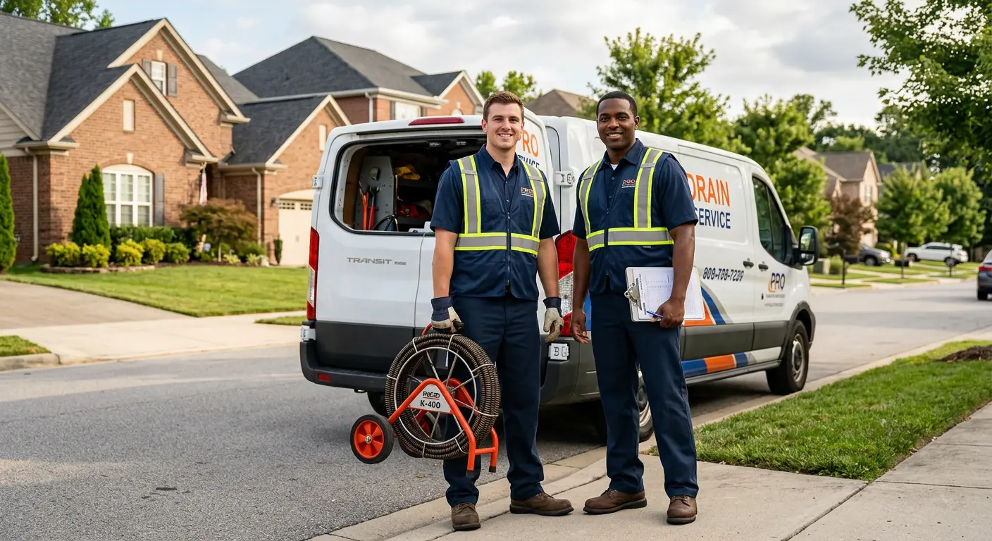 Sewer and drain service team with equipment ready for work in Locust