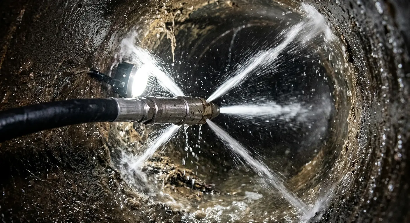 High-pressure hydro jetting nozzle cleaning sewer pipe for Sewer Cleanout in Locust
