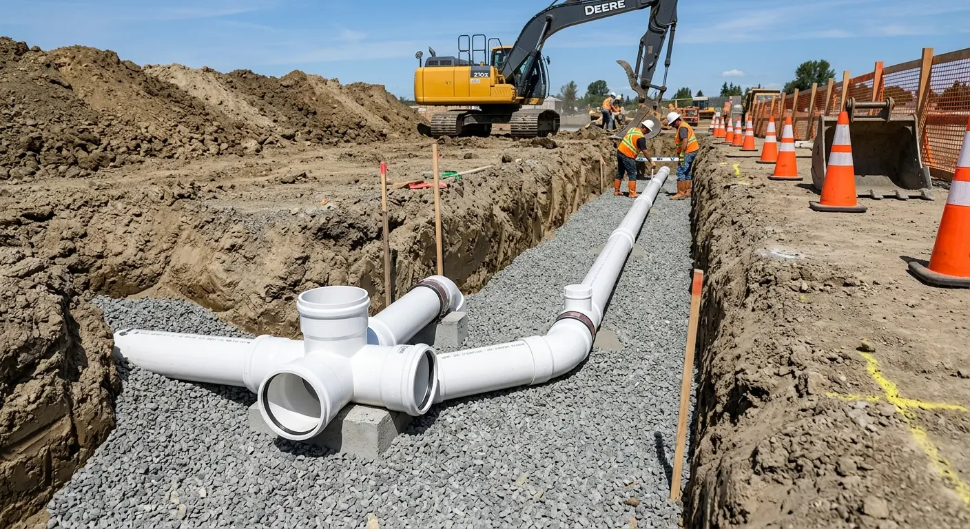 New PVC sewer pipe installation in open trench for Sewer Backup in Locust