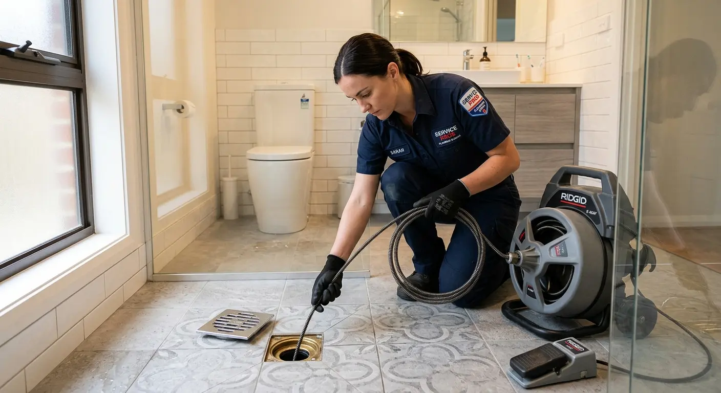 Technician clearing a bathroom floor drain for Hydro Jetting in Locust